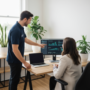 A friendly IT technician consulting with a local business owner in a modern Albury-Wodonga office