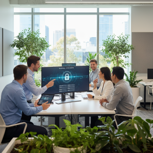 Staff securely sharing credentials using a password manager in a modern Australian office