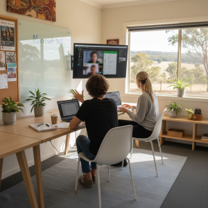 wo staff collaborating via Microsoft Teams with SharePoint files on screen in a regional Australian office